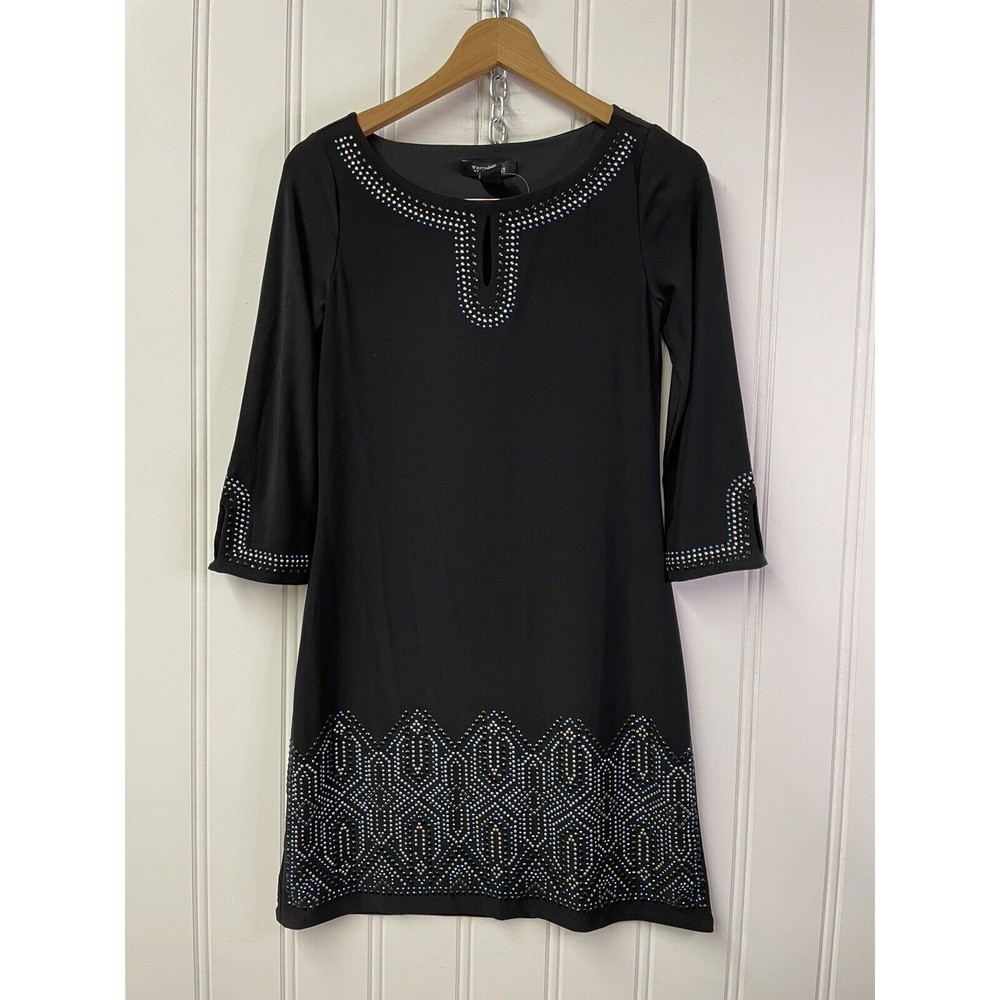 White House Black Market Black Blue Silver Rhinestones Keyhole Neck Size XS - Picture 5 of 14